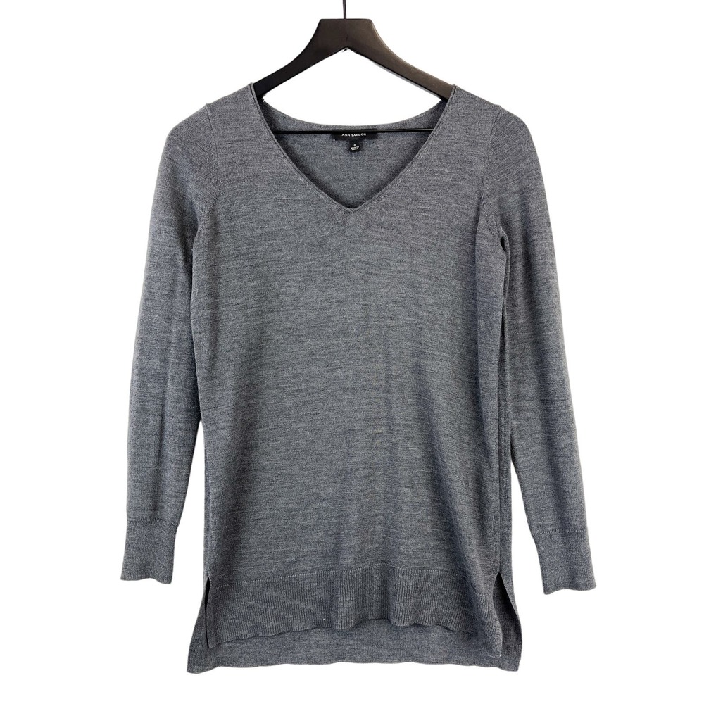 Ann Taylor (S) Merino Wool Blend V-Neck Tunic Sweater Gray 3/4 Sleeve